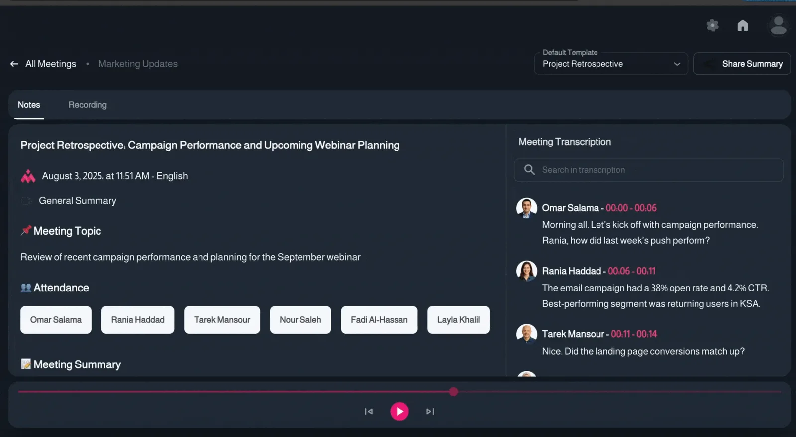 MeetriX: finished meeting minutes with attendance chips next to the diarized transcript